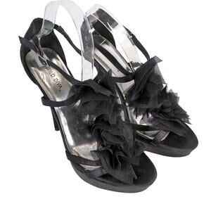 Wild Diva Ruffle Front Black Satin Stiletto Heel Strappy Shoes Women's 11 Buckle